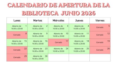 Imagen Calendario de apertura Biblioteca Municipal en Junio